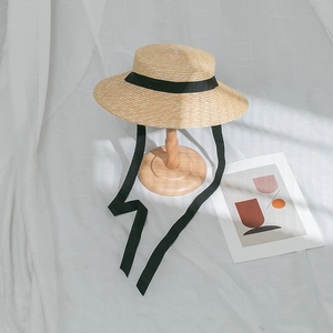 Canotier Vintage Français en Paille pour Femmes Chapeau de Soleil Bord Large en Paille de Blé Avec Ruban Noir pour Plage