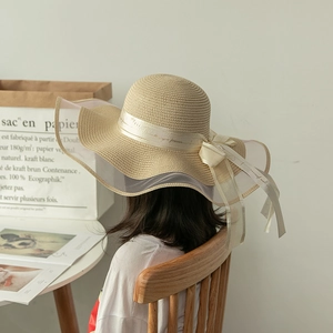 Summer wide brim straw hat for women with mesh ribbon bow and sun protection design