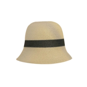 Women's summer straw bucket hat with beige weave and dark grey contrast stripe band