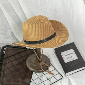 Unisex wide brim woven straw cowboy hat with leather band and adjustable chin strap
