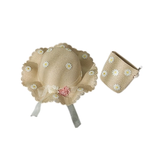 Kids summer straw hat and matching bag set with white daisy flowers and lace ribbons
