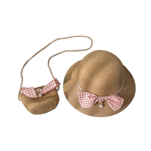 Girls straw sun hat and matching crossbody bag set with pink plaid bow and pearl accents