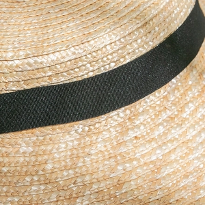 Gros plan sur la texture de paille tressée et le ruban noir du chapeau de soleil