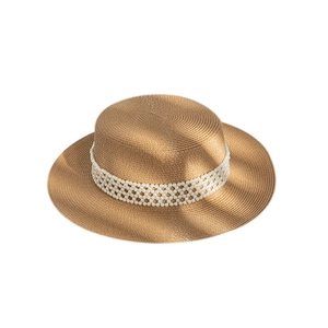 Elegant flat top straw hat with pearl band decoration for beach sun protection