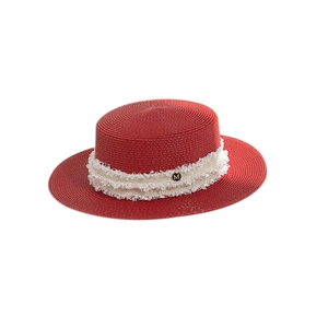 Elegant red straw boater hat with M-letter emblem and fringe detail for summer sun protection
