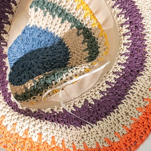 Dettaglio del cappello di paglia colorato con coulisse regolabile e trama intrecciata