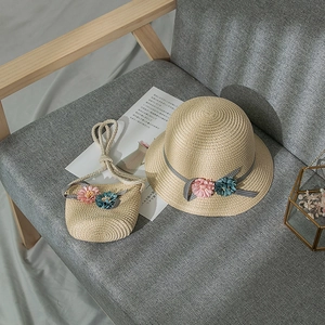 Girls straw sun hat and matching bag set with daisy flower and bow for beach