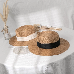 Women's Summer Sun Protection Boater Straw Hat Elegant Wide Brim Flat Top Beach Vacation Ribbon Bow Fedora Hat For Travel