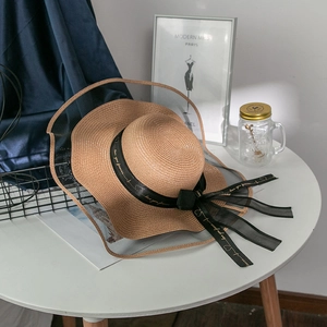 Detail of wide brim straw hat with black mesh trim and love you forever ribbon bow