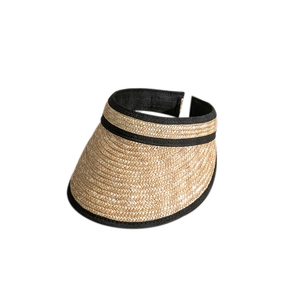 Straw sun visor hat for women with black fabric trim and adjustable open top design