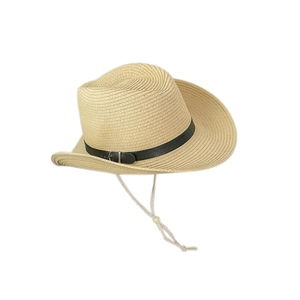 Western style khaki straw hat with black leather band and adjustable chin strap