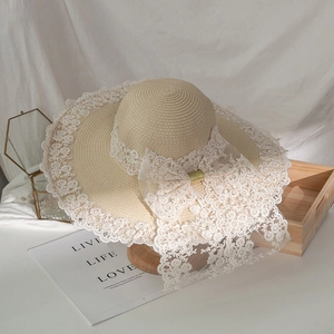 Cappello da sole in paglia stile Lolita con pizzo bianco e grande fiocco per donna