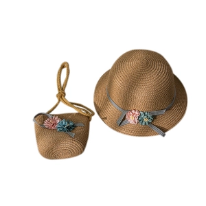 Summer girls straw sun hat and matching mini handbag set with decorative silk flowers