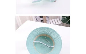 Detail of mint green straw sun hat showing inner sweatband and elastic wind strap