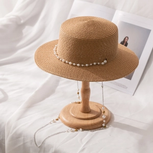 Chapeau de paille à sommet plat avec chaîne de perles pour protection solaire d'été