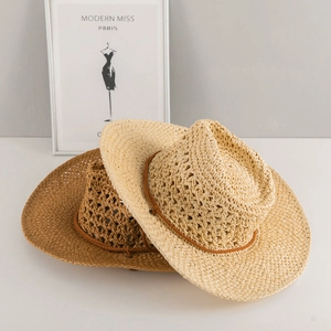 Hollow crochet straw cowboy hat for sun protection in light beige and brown colors
