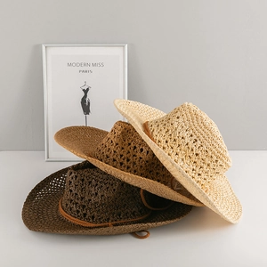 Handmade straw cowboy hats in beige and brown tones with breathable hollow weave design