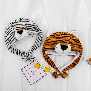 Plush tiger animal hat with ear flaps in white and yellow colors for kids and adults