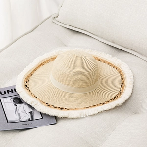 Women Wide Brim Paper Straw Hat With Fringe Edge Ribbon Band Korean Style Flat Top Sunshade Summer Beach Fashion Accessory