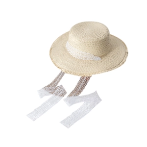 Flat top straw sun hat with frayed edges and long white floral lace ribbon ties