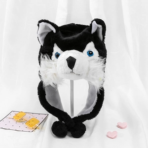 Winter plush husky animal hat with earflaps and cute pompoms for kids and adults