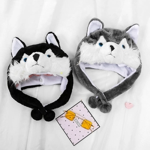 Plush husky animal hats with long earflaps and pom-poms for kids and parents