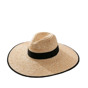Classic wide brim straw hat with black decorative ribbon for summer sun protection