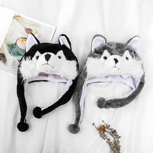 Plush husky faux fur animal hats for parents and kids with cute ear flaps and pom-poms
