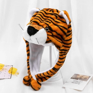 Plush tiger animal hat with long earflaps and tiger paw details for kids and adults