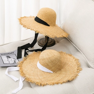 Women Wide Brim Raffia Straw Hat With Lace Ribbon Tie Frayed Edge Summer Beach Sun Protection Vacation Sun Hat