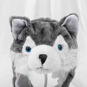 Detail view of plush husky hat featuring grey faux fur and 3D animal ear design