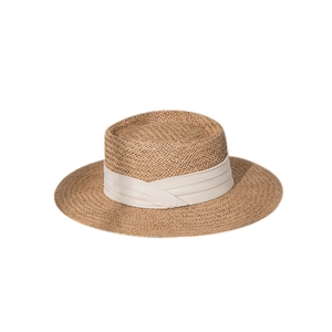 Elegant natural straw boater hat with cream ribbon for summer beach vacation