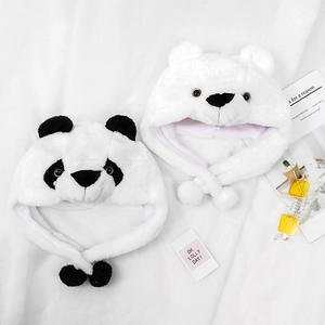 Winter plush panda and polar bear earflap hats with pom-poms for warmth and style