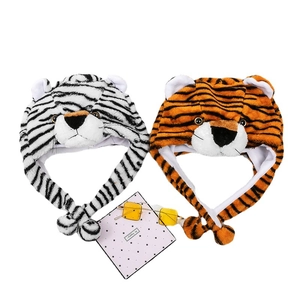 Tiger plush animal hat in white and orange with long ear flaps for kids and adults