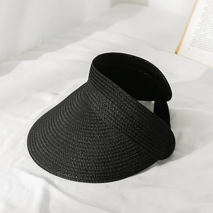 Women's black straw sun visor hat with wide brim for summer beach and UV protection