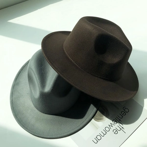 Classic felt fedora hats for children in dark brown and grey colors with flat brim