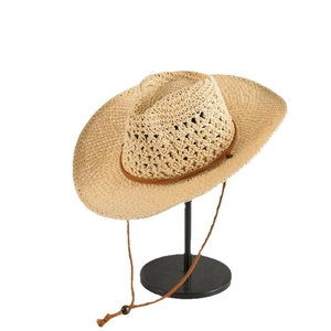 Classic woven straw cowboy hat with adjustable chin strap and breathable open-knit pattern