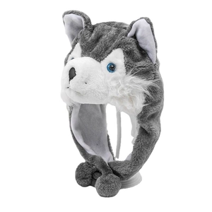 Husky plush animal hat with grey and white faux fur, 3D ears and cute earflaps