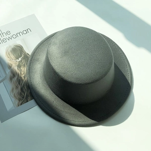 Classic grey wool felt flat top boater hat for men and women with textured finish