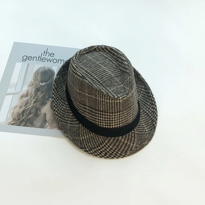 Classic British plaid wool fedora hat with black decorative band for autumn and winter