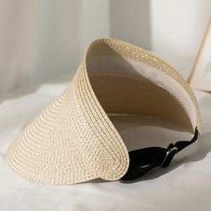 Detail view of beige woven sun visor showing spiral texture and adjustable elastic back strap