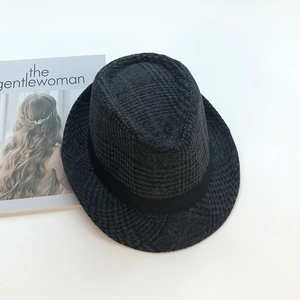 Detail of dark grey plaid wool fedora hat with black ribbon and fashion magazine accessory