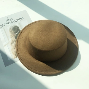 Flat top brown wool felt boater hat with retro British style and vintage stitching
