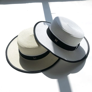 French Style Boater Straw Hat Women Summer Beach Sun Hat Metal Letter M Ribbon Flat Top Wide Brim Paper Straw Panama Hat