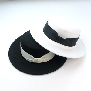 Classic black and white flat top wool felt boater hats with elegant contrast ribbon bands