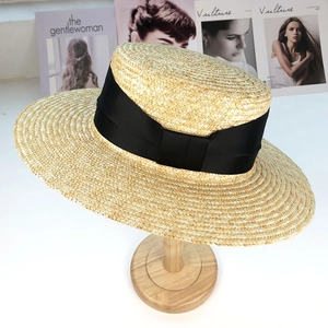 Chapeau Canotier en Paille Vintage Français pour Femme Sommet Plat Ruban Large Nœud Large Bord Protection Solaire Plage Été