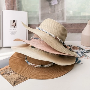 Chapeau de Soleil en Paille de Papier à Large Bord pour Femmes Avec Ruban Écharpe Florale Et Künstliche Perles Chapeau de Plage D'été