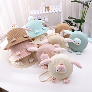 Kids Cute Cartoon Penguin Straw Hat And Bag Set Summer Beach Sun Protection Woven Straw Sun Hat Bag For Children Girls