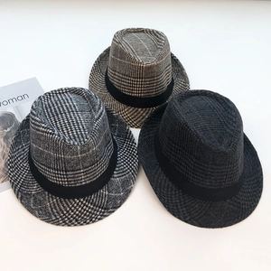 Three plaid fedora hats in grey and brown wool blend with black decorative ribbons