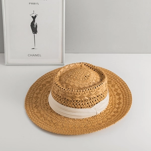 Handwoven straw Panama hat with flat top and wide cream band for summer beach vacation